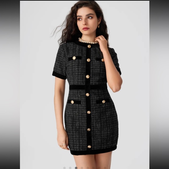 Tweed Round Neckline Solid Metallic Button Mini Dress - Picture 7 of 10